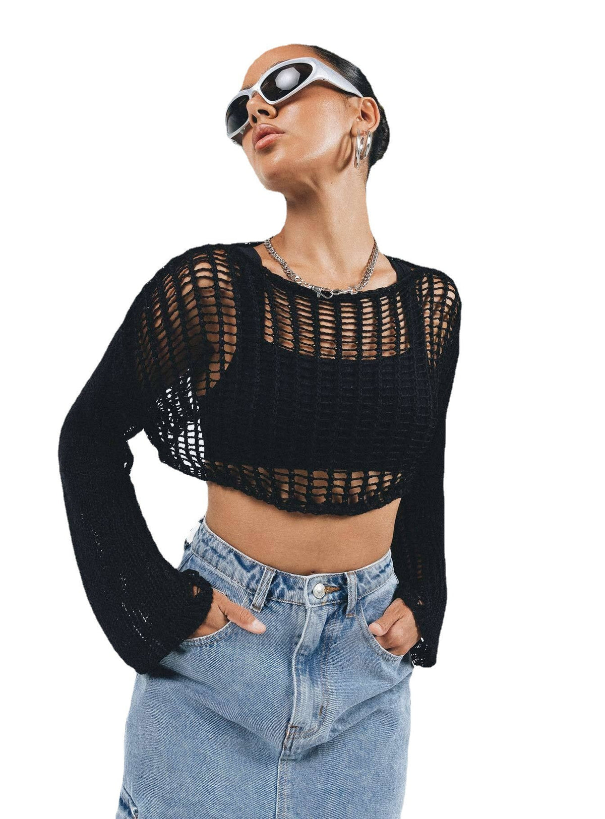 Damen luftige gehäkelte Strickjacke mit weiten Ärmeln R&B