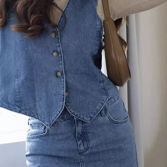 Damen elegante Jeansweste mit Knopfleiste und V-Ausschnitt R&B
