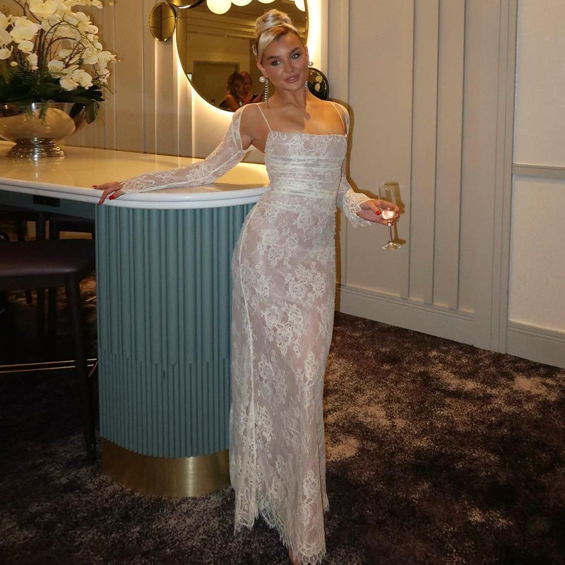 Damen Spitzennachtkleid mit transparenten Ärmeln und figurformendem Schnitt R&B