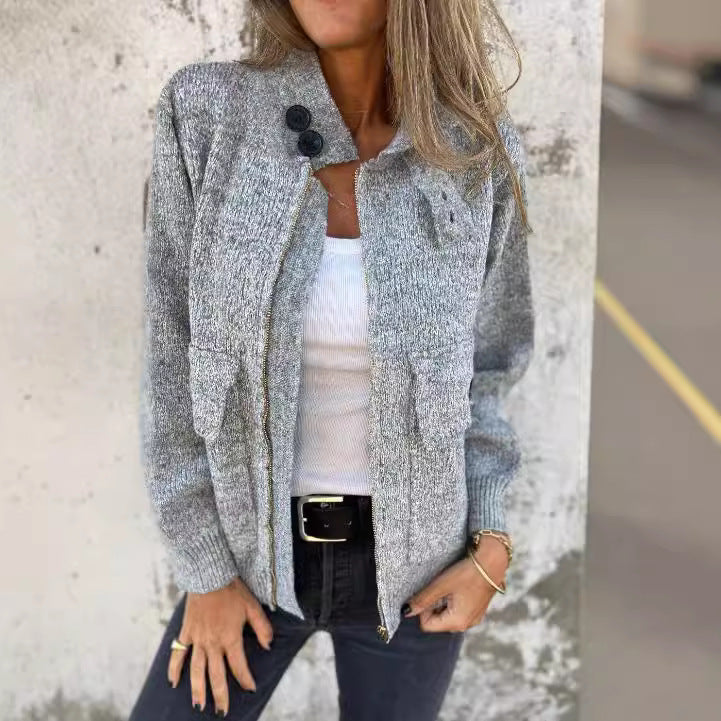 Damen weiche Strickjacke mit wärmeisolierendem Kragen und aufgesetzten Taschen R&B