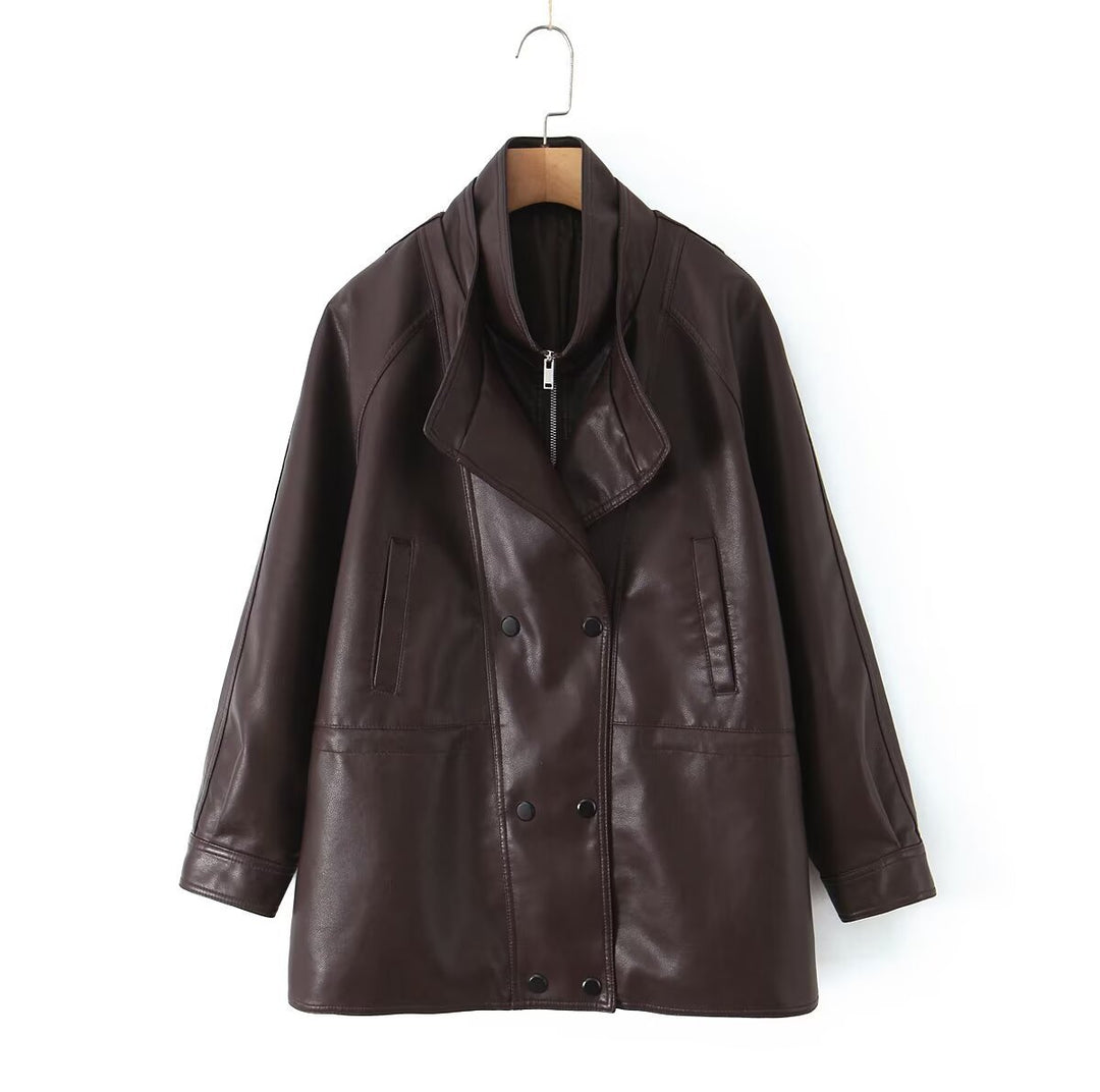 Damen Kunstlederjacke mit breitem Revers und praktischen Taschen R&B