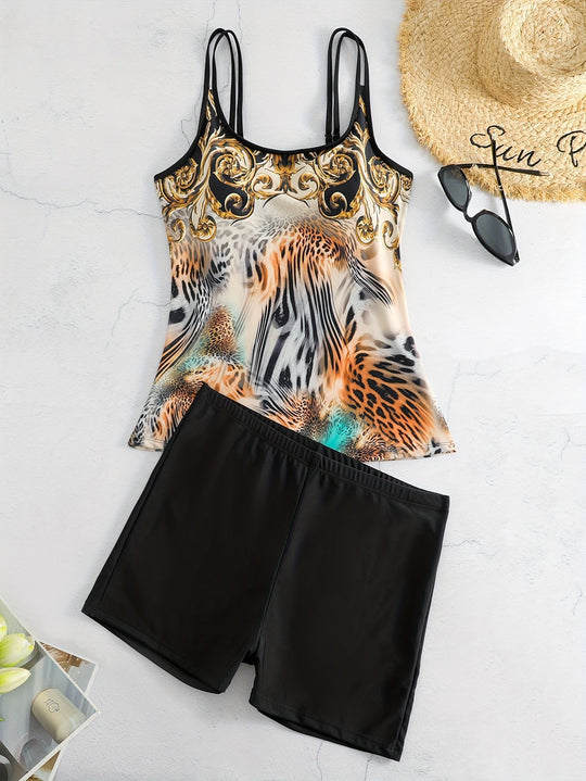 Damen Sportliches Tankini-Set mit modischem Animal-Print und Boxershorts R&B