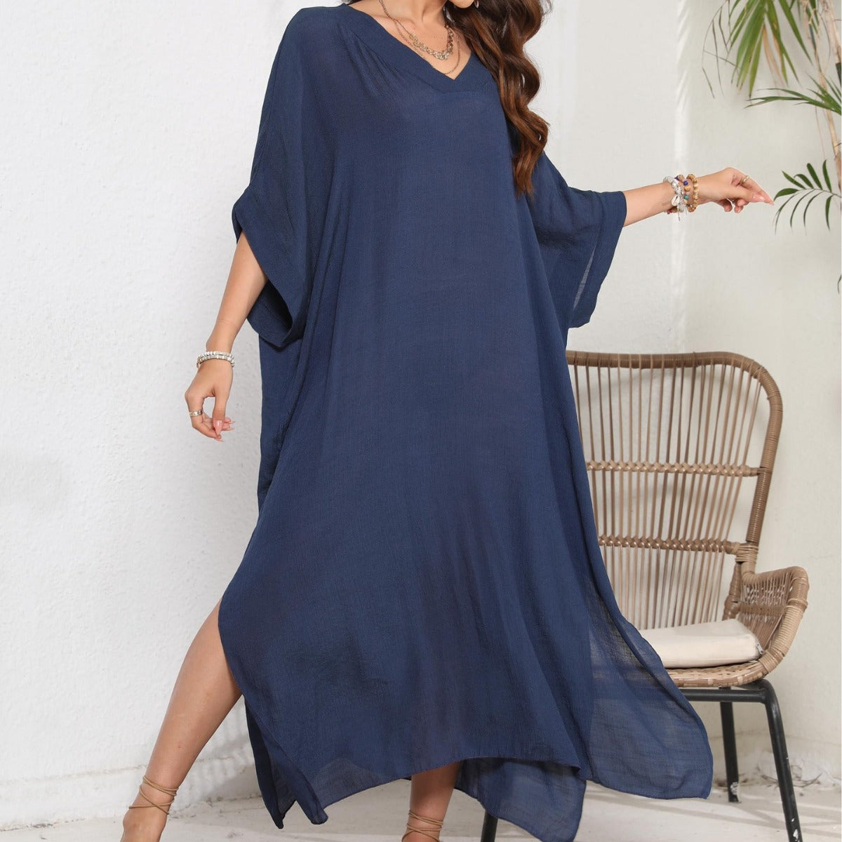 Damen luftiges Sommer-Kleid mit V-Ausschnitt und asymmetrischem Saum R&B