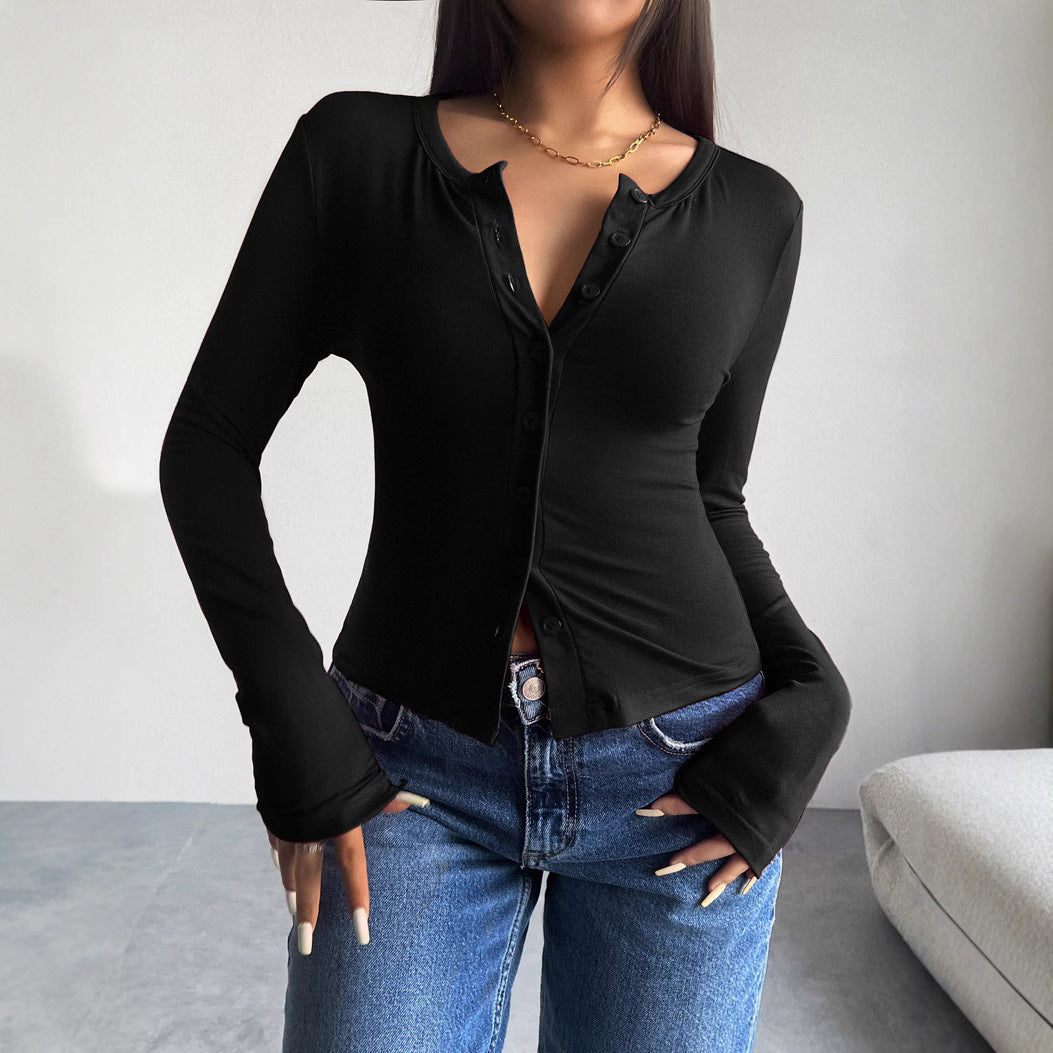 Damen Langarmshirt mit modischer Knopfleiste und figurschmeichelndem Schnitt R&B