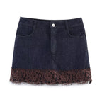 Damen Jeansrock mit exquisiter Spitze und fransigem Saum R&B