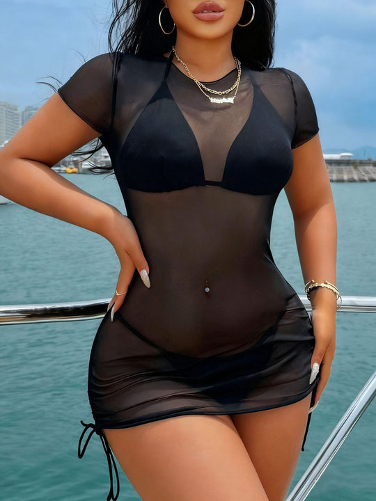 Damen transparenter Badedress mit kurzen Ärmeln R&B