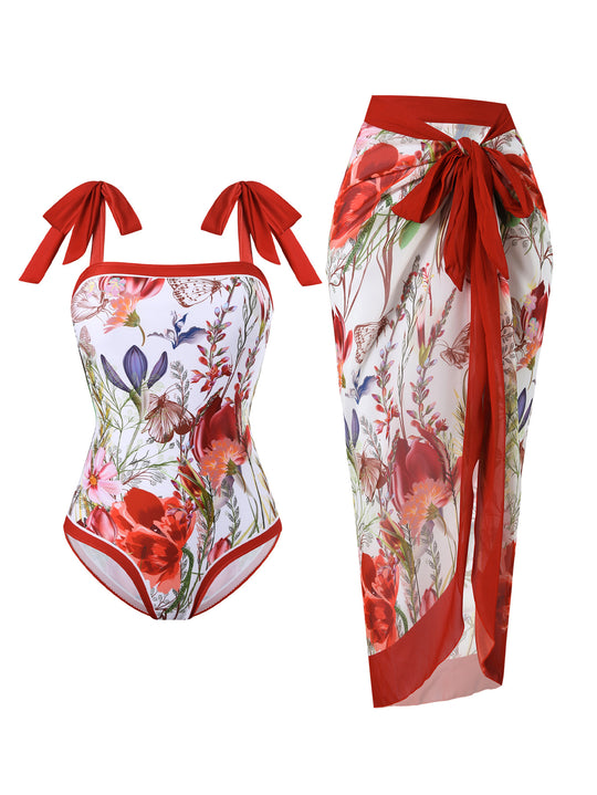 Damen Badeanzug mit floralem Design und transparentem Wickelrock R&B