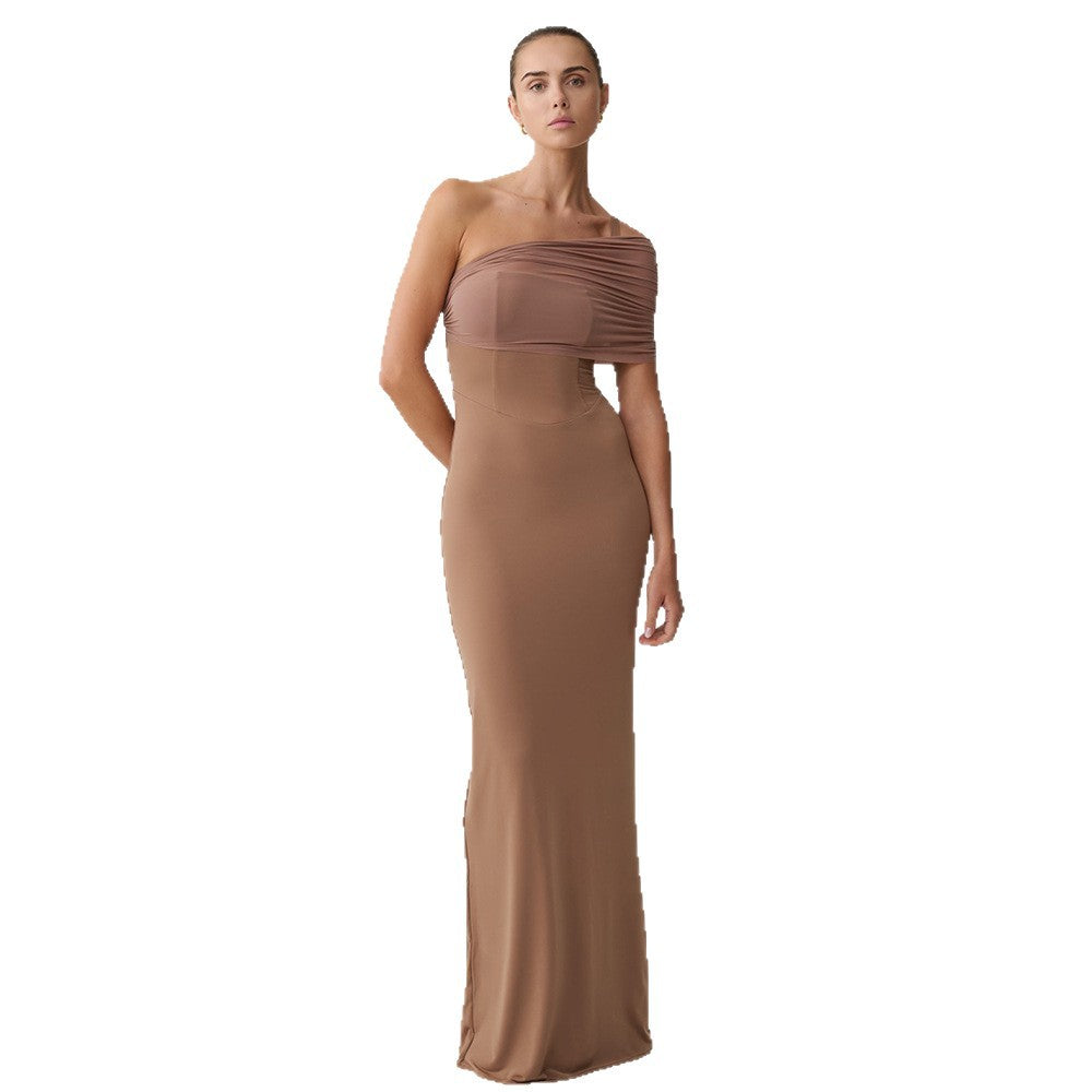 Damen Elegantes und figurbetontes Maxikleid mit einem Schulterdesign und sanften Raffungseffekten R&B