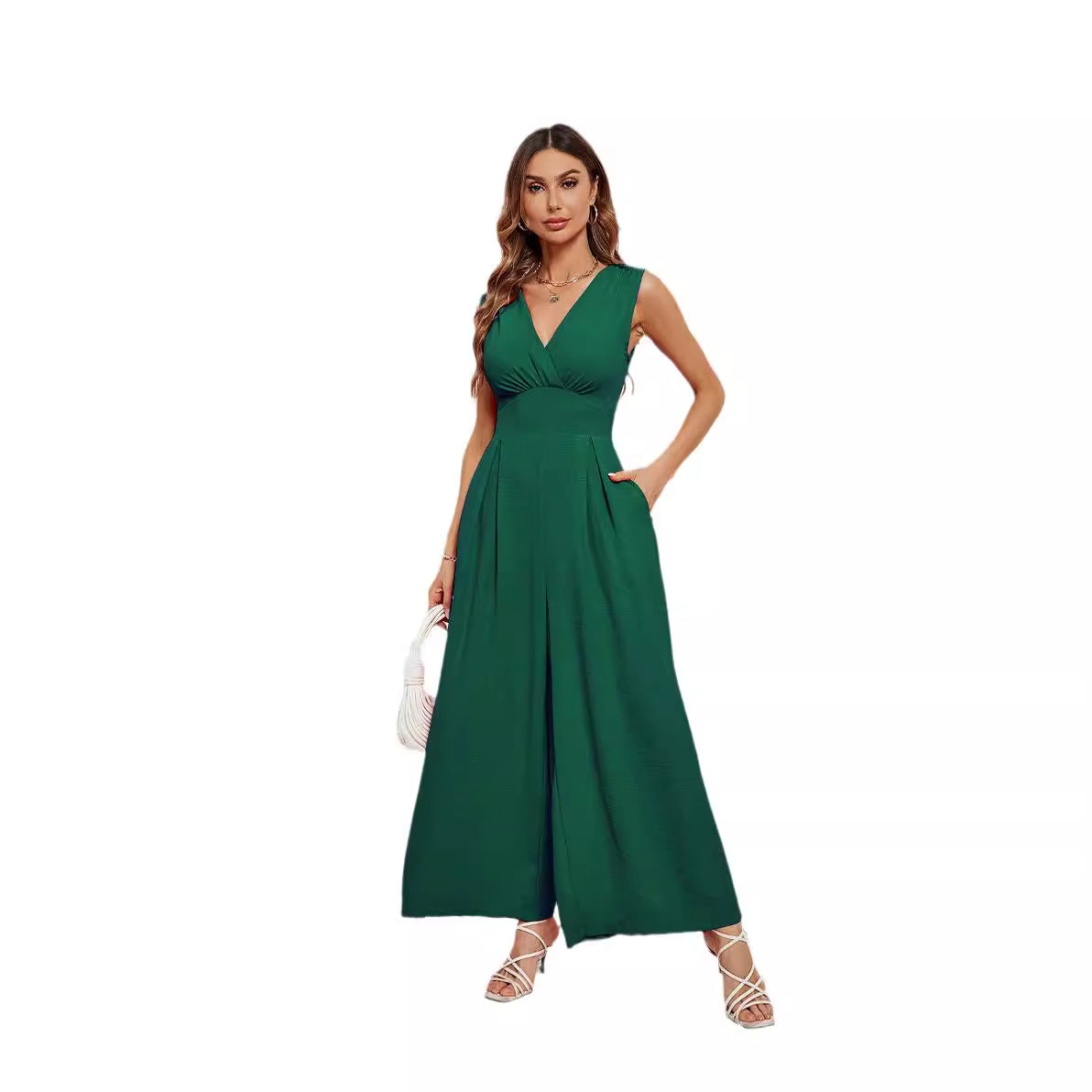 Damen Jumpsuit mit V-Ausschnitt und weitem Bein R&B
