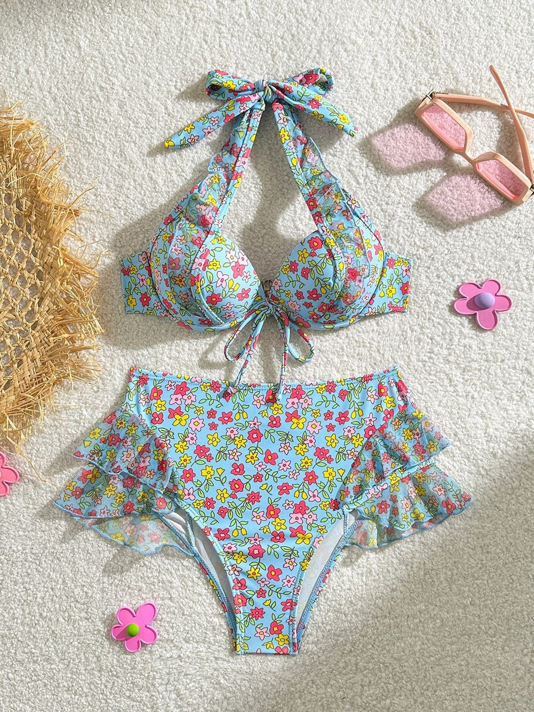 Damen Retro-Bikini-Set mit floralem Design und Rüschendetails R&B