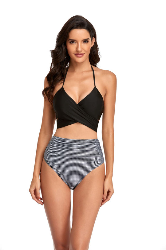 Damen Hochgeschnittener Bikini mit Wickeloberteil und floralen Mustern R&B