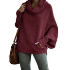 Damen lässiger Strickpullover mit weichem Stehkragen und weit geschnittenen Ärmeln R&B