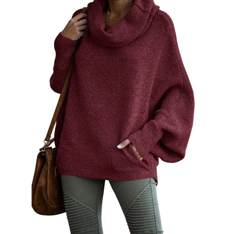 Damen lässiger Strickpullover mit weichem Stehkragen und weit geschnittenen Ärmeln R&B