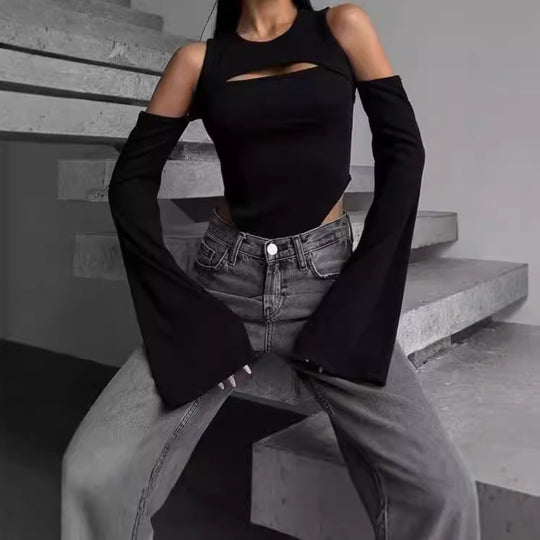 Damen Langarm-Shirt mit innovativem Cut-Out-Design und schmalen Ärmeln R&B