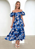 Damen Maxikleid mit voluminösen Puffärmeln und floralen Akzenten R&B