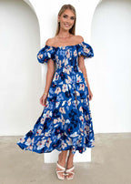 Damen Maxikleid mit voluminösen Puffärmeln und floralen Akzenten R&B