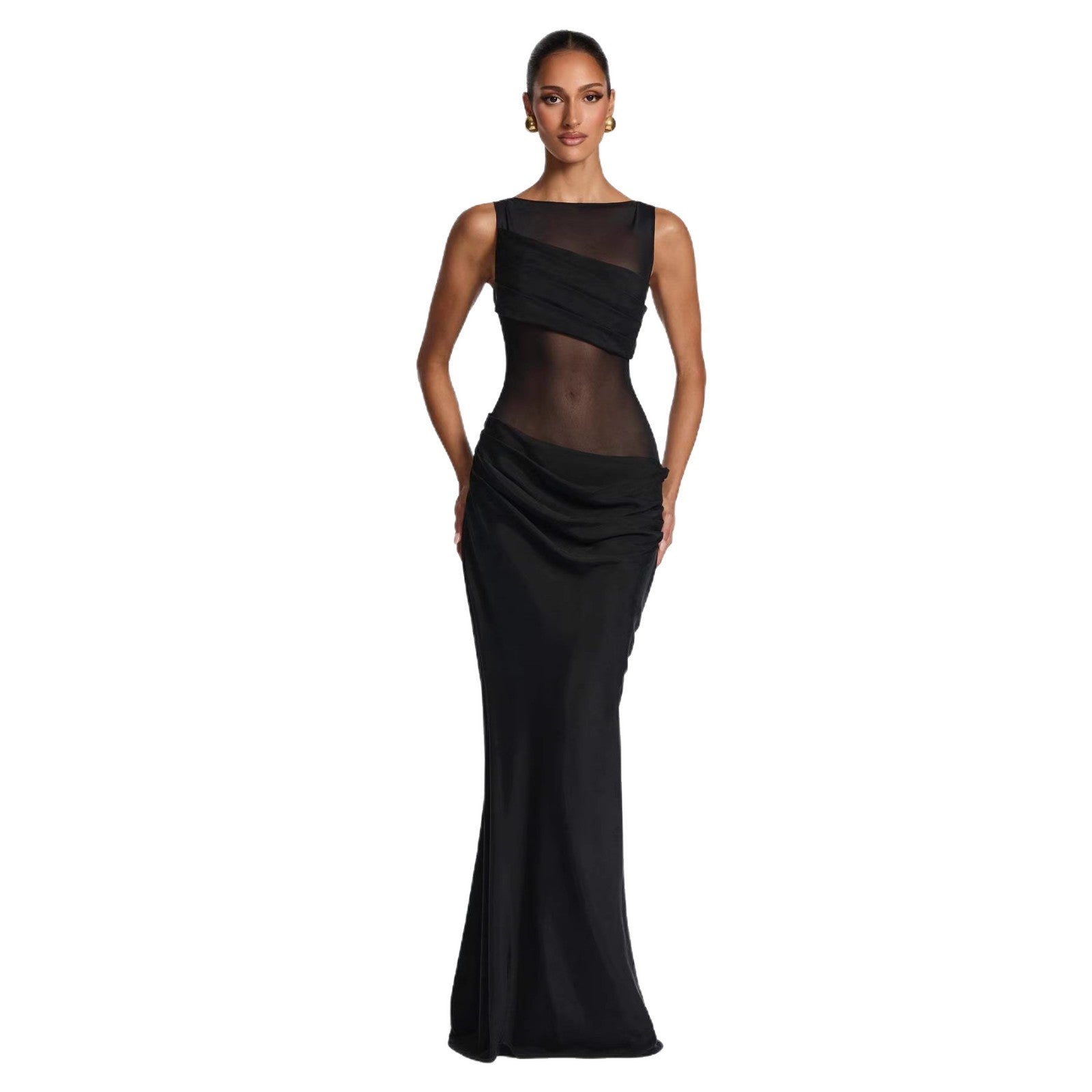 Damen Elegantes Abendkleid mit transparentem Oberteil und raffinierten Rüschen EB