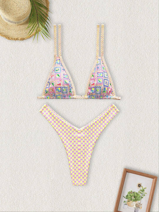 Damen Triangel-Bikini mit buntem Patchwork-Muster R&B