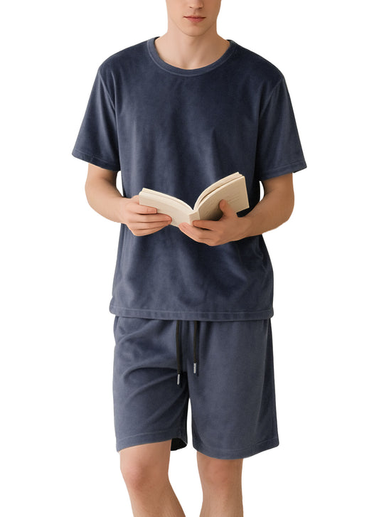 Herren nan Samtvelours Lounge-Set mit Rundhals-Kurzarmshirt und Kordelshorts R&B
