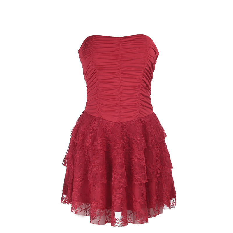 Damen schulterfreies Minikleid mit Rüschendetails und figurbetontem Oberteil R&B