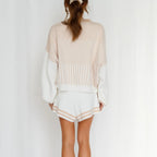 Damen nan fein gestreiftes Strick-Relax-Set mit weitem Fledermausärmel-Pullover und elastischer Taillen-Shorts R&B
