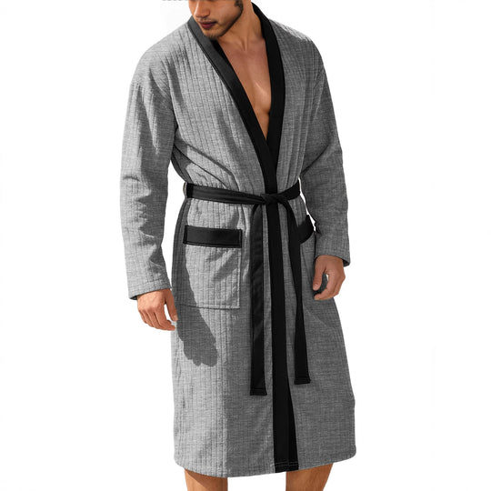 Herren nan wadenlanger Rippen-Bademantel im Kimono-Stil mit Schalkragen und Kontrastpaspel R&B