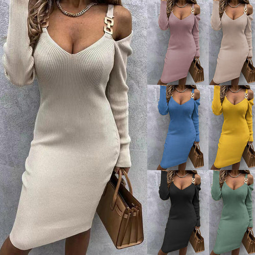 Damen figurbetontes Strickkleid mit schulterfreiem Design und raffinierten Trägerdetails R&B