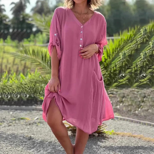 Damen Freizeitkleid mit praktischem Knopfverschluss und Taschen Heidi-Mode