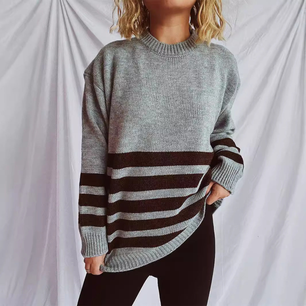 Damen lässiger Oversize-Pullover mit modernem Streifenmuster R&B