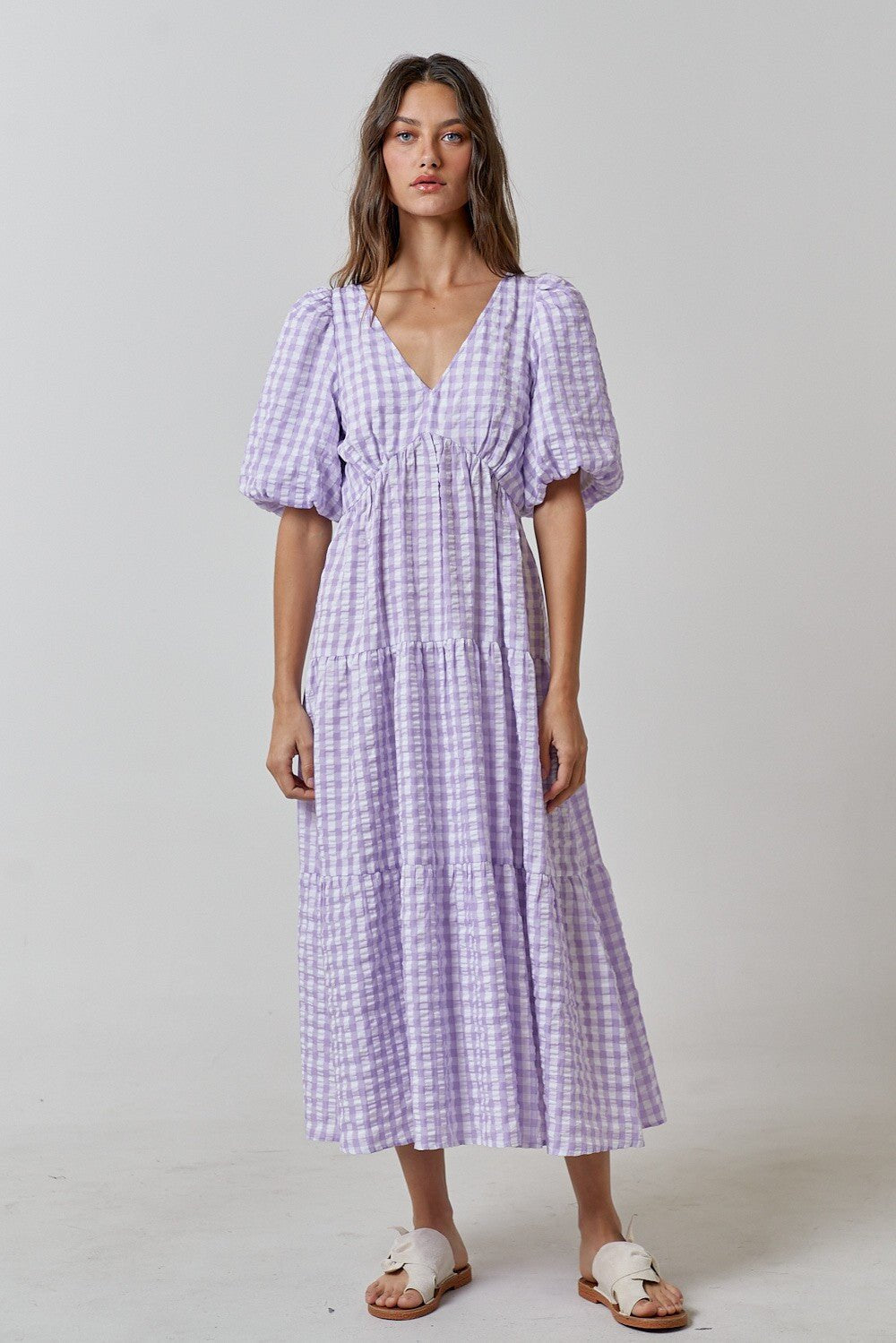 Damen Maxikleid mit voluminösen Puffärmeln und V-Ausschnitt R&B