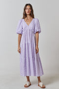 Damen Maxikleid mit voluminösen Puffärmeln und V-Ausschnitt R&B