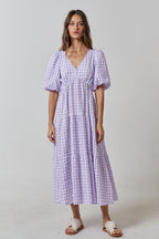 Damen Maxikleid mit voluminösen Puffärmeln und V-Ausschnitt R&B