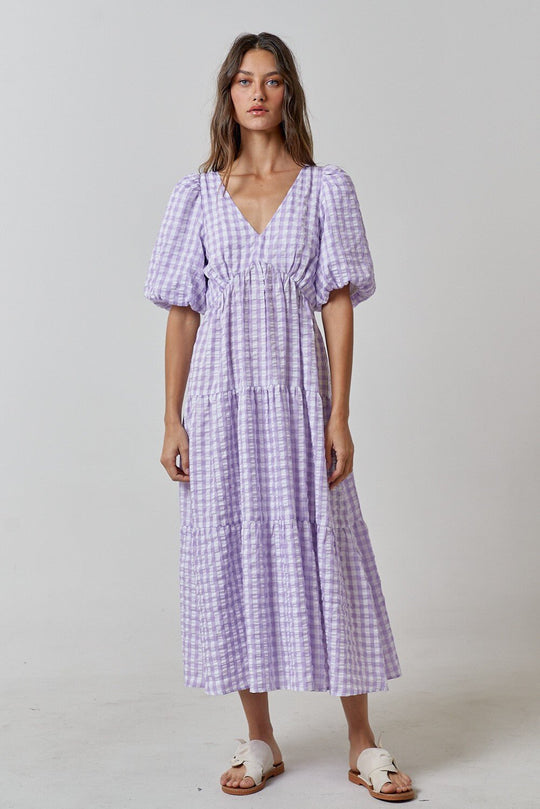 Damen Maxikleid mit voluminösen Puffärmeln und V-Ausschnitt R&B