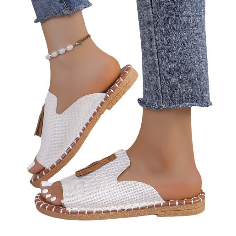 Damen Pantoletten mit modischen Quasten und eleganter Bastsohle R&B