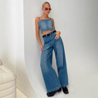 Damen Weite High-Waist Jeans mit fransigem Saum