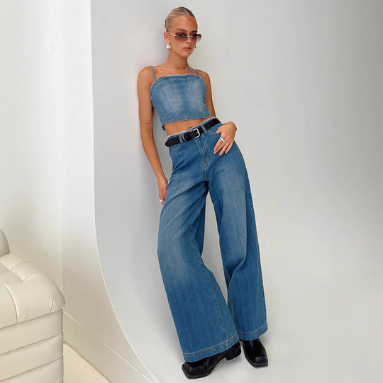 Damen Weite High-Waist Jeans mit fransigem Saum