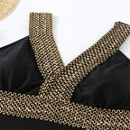 Damen Einteiler Badeanzug mit elegantem V-Ausschnitt und goldenen Akzenten R&B