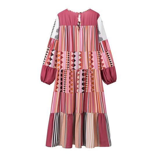 Damen Maxikleid mit buntem grafischem Muster und voluminösen Ärmeln R&B