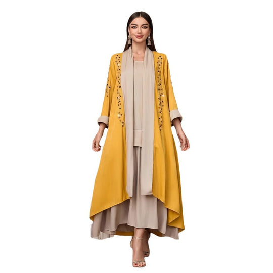 Damen Langarm-Kimono mit dekorativen Applikationen und asymmetrischem Saum R&B