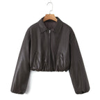 Damen cropped Kunstlederjacke mit praktischen Taschen und Gummibund R&B