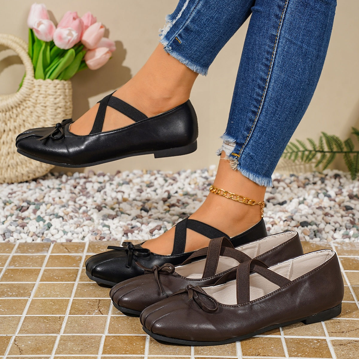 Damen elegante Ballerinas mit dekorativen Schleifen und elastischen Riemen R&B