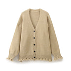 Damen lässige Strickjacke mit fransigem Saum und knöpfbarem Verschluss R&B