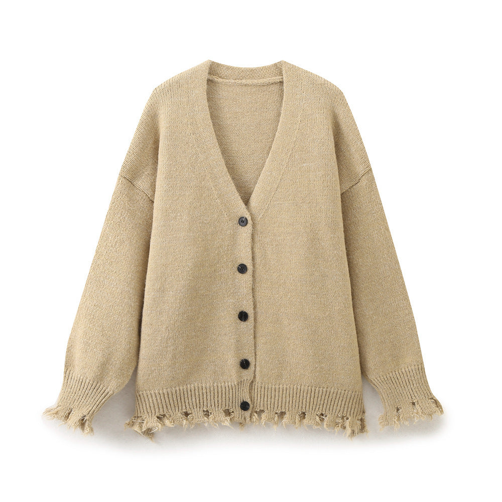 Damen lässige Strickjacke mit fransigem Saum und knöpfbarem Verschluss R&B
