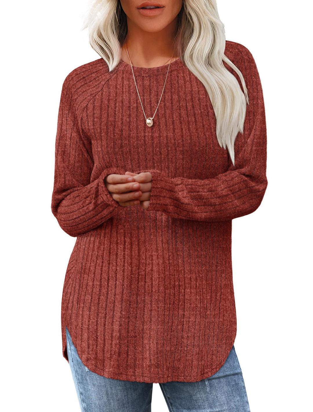 Damen lässiges Rippenstrickshirt mit langem Arm und Seitenschlitzen R&B