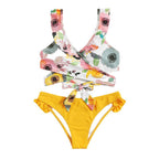 Damen Zweiteiliges Blumen-Bikini-Set mit tailliertem Oberteil und Rüschenslip