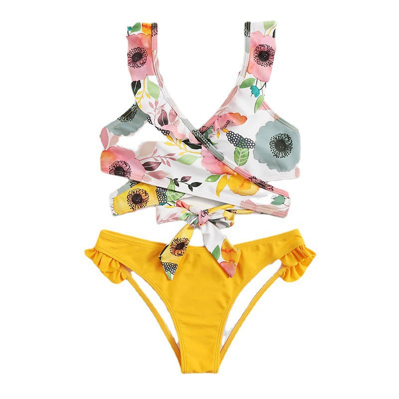 Damen Zweiteiliges Blumen-Bikini-Set mit tailliertem Oberteil und Rüschenslip