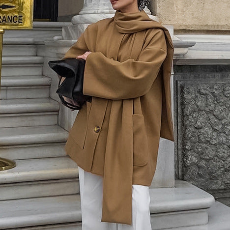 Damen modische Oversized-Jacke mit Schal und praktischen Taschen R&B