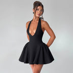 Damen Kurzkleid mit tiefem V-Ausschnitt und voluminösem Rock R&B
