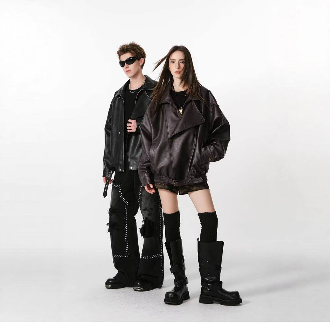 Damen Kunstlederjacke mit hohem Kragen und lässigem Schnitt R&B