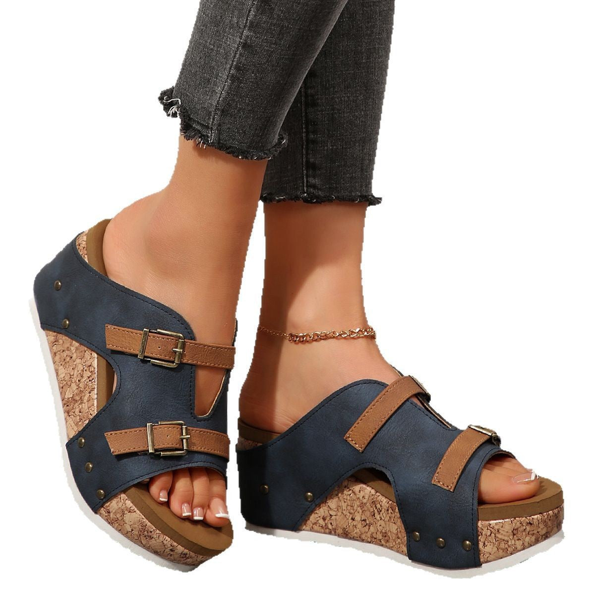 Damen modische Clogs mit Korksohle und dekorativen Schnallen R&B